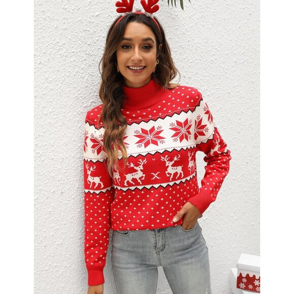 Women Ugly Christmas Red Sweater Reindeer Snowflake Knit Pullover Crew Neck - Picture 4 of 5